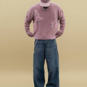 Dusty Pink Embroidered Sweater with Blue Jeans